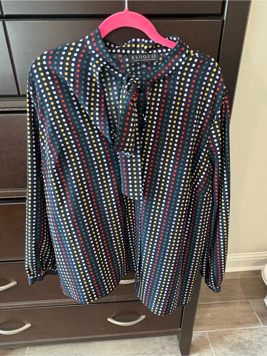 Eloquii Tops - Eloquii Navy Polka Dot Tie-Neck Blouse with Red, Yellow, Green, White Dots
